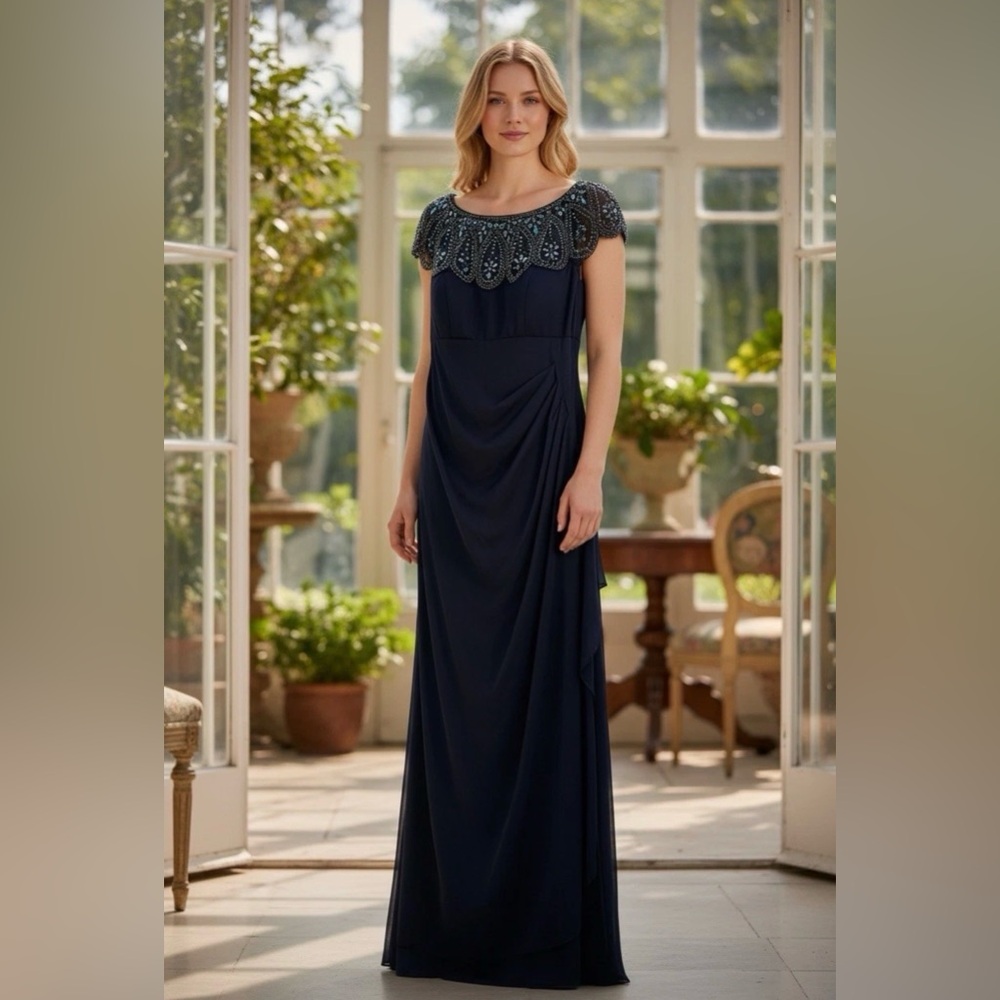 XSCAPE Embellished Illusion Cape Sleeve Evening Gown SZ 12